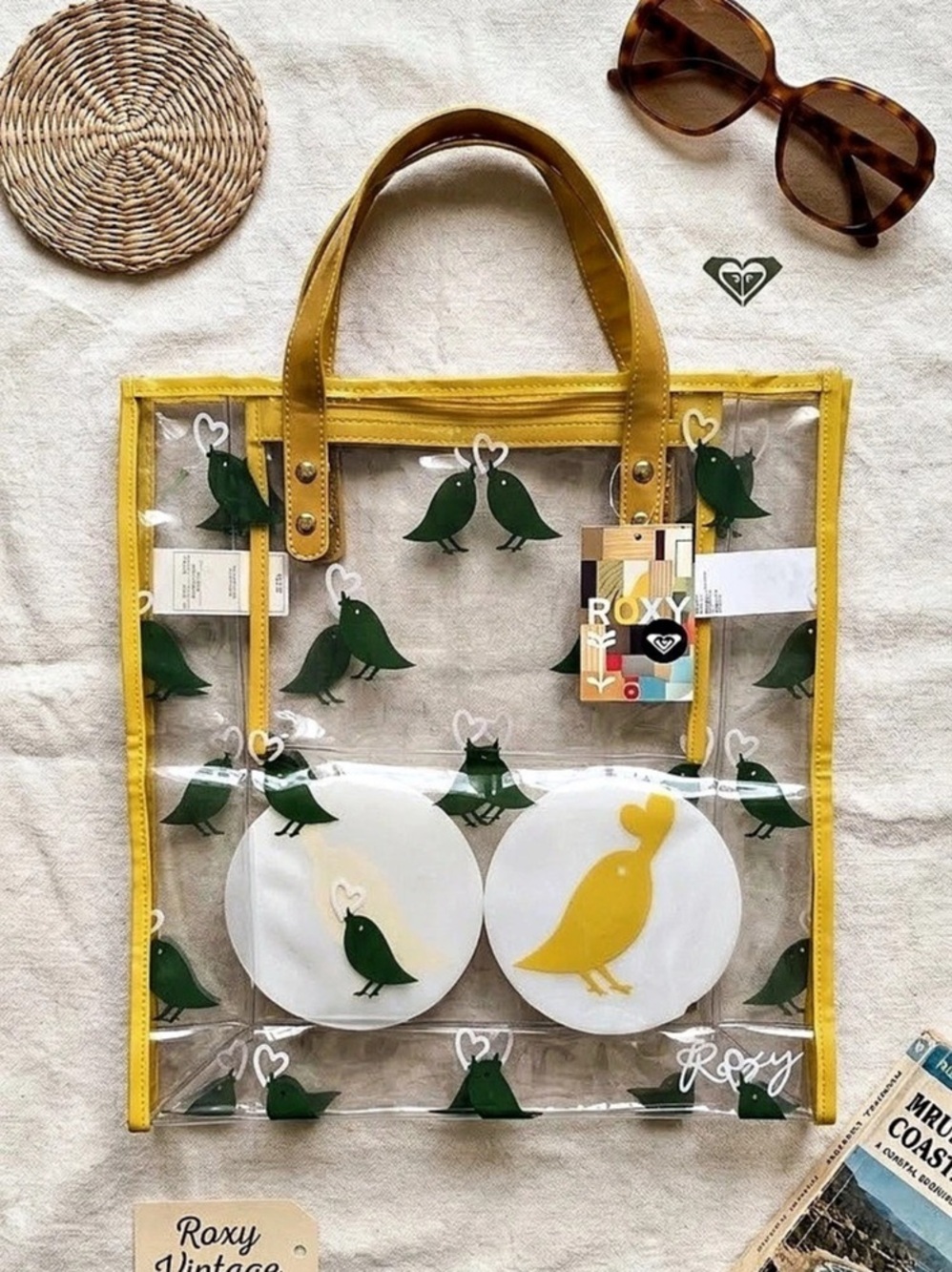 Roxy Rare Dead stock Rock Rox Tote Clear & Yellow Bird Print NWT